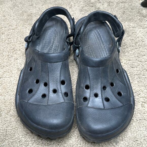 CROCS. UNIQUE w/VELCRO on STRAP get a Perfect Fit-UNISEX M-10 W-12 BLACK RUBBER - Picture 1 of 7